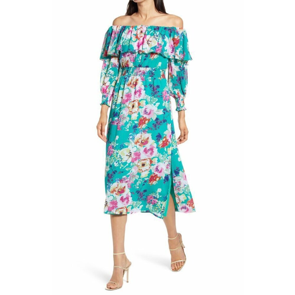 CHARLES HENRY Floral Off The Shoulder Long Sleeve Midi Dress Atlantis Roses XS